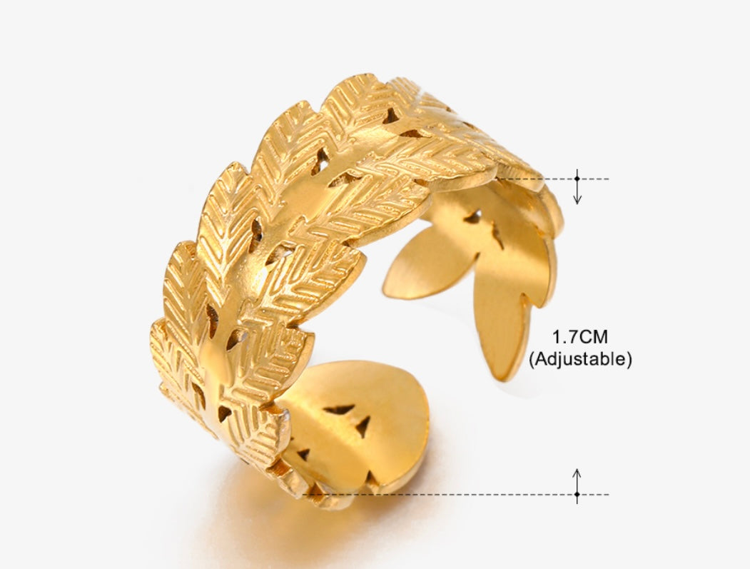 Gold Leaf Ring, Stainless Steel 18K Gold Plated