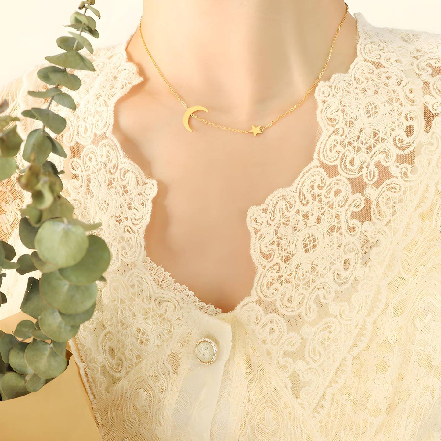 18K Gold Plated Stainless Steel, Crescent and Star necklace, Intensity