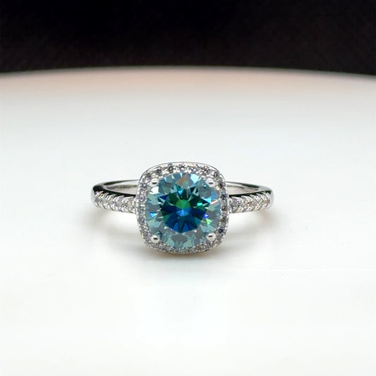 Ocean Blue Moissanite Diamond Ring, Sterling Silver