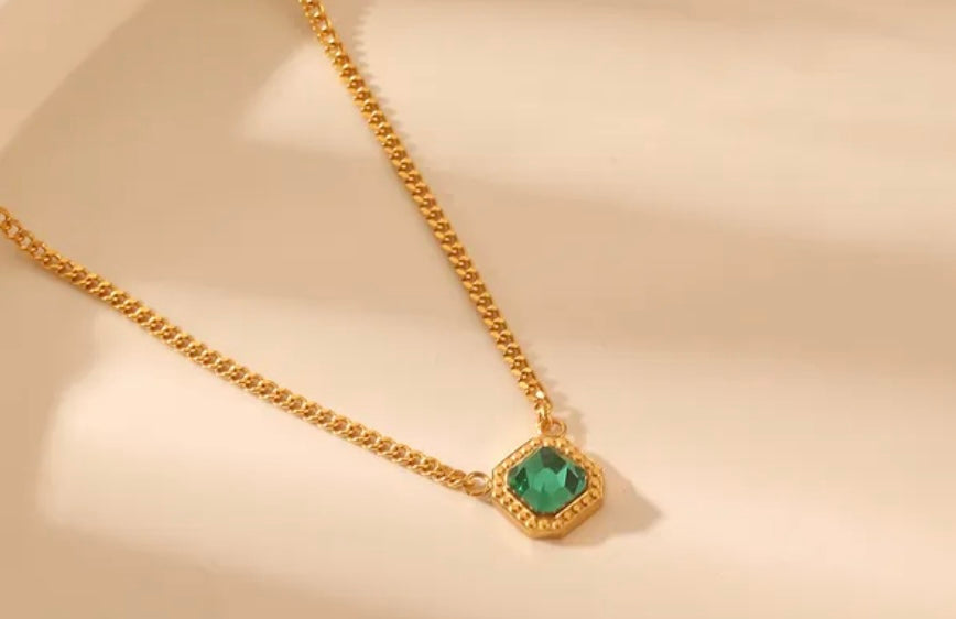 SALE The Emerald Pendant Necklace, Stainless Steel 18K Gold Plating