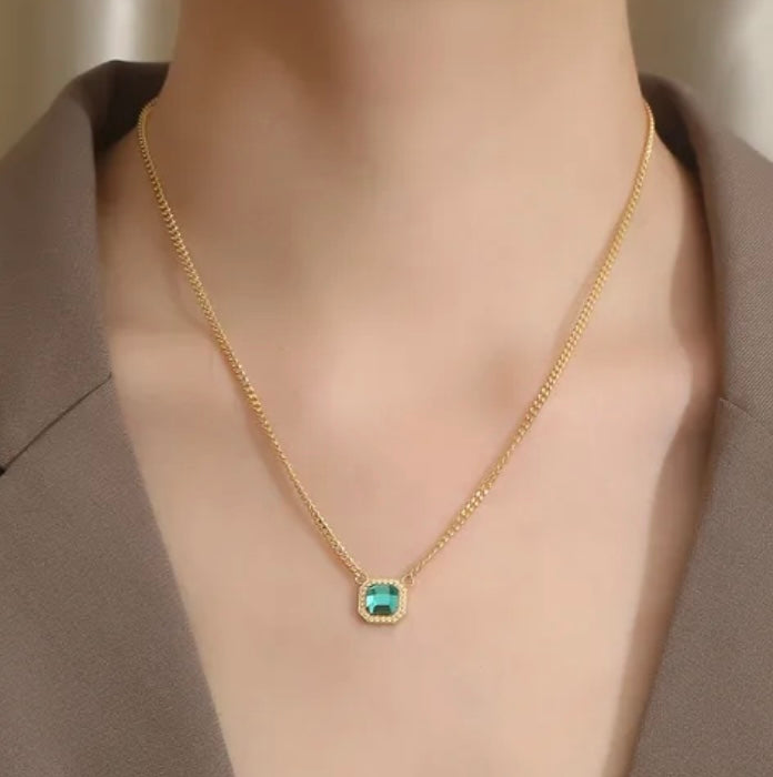 SALE The Emerald Pendant Necklace, Stainless Steel 18K Gold Plating