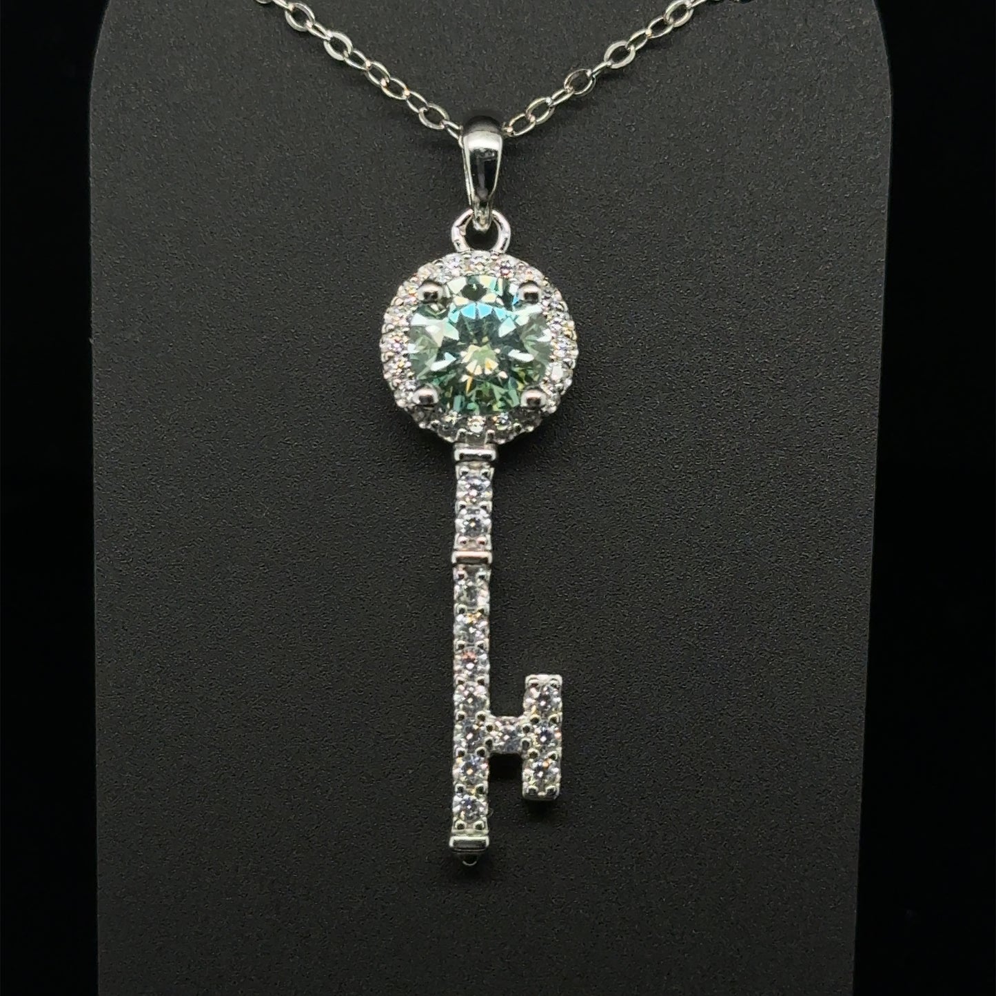 Exquisite Key-Shaped Pendant with Green/Blue Moissanite Diamond, Sterling Silver