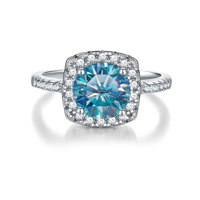 Ocean Blue Moissanite Diamond Ring, Sterling Silver