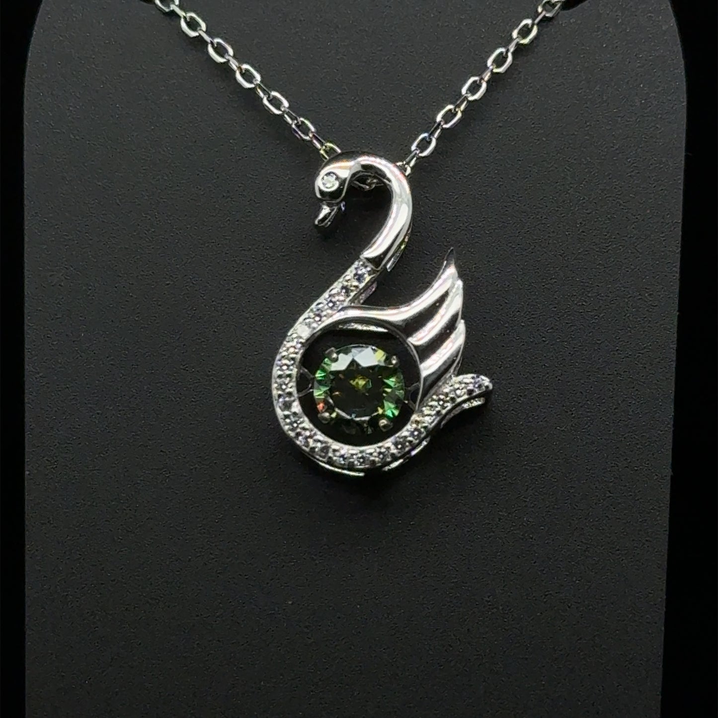 Elegant Swan Designed Pendant with Green/Gold Moissanite Diamond, Sterling Silver