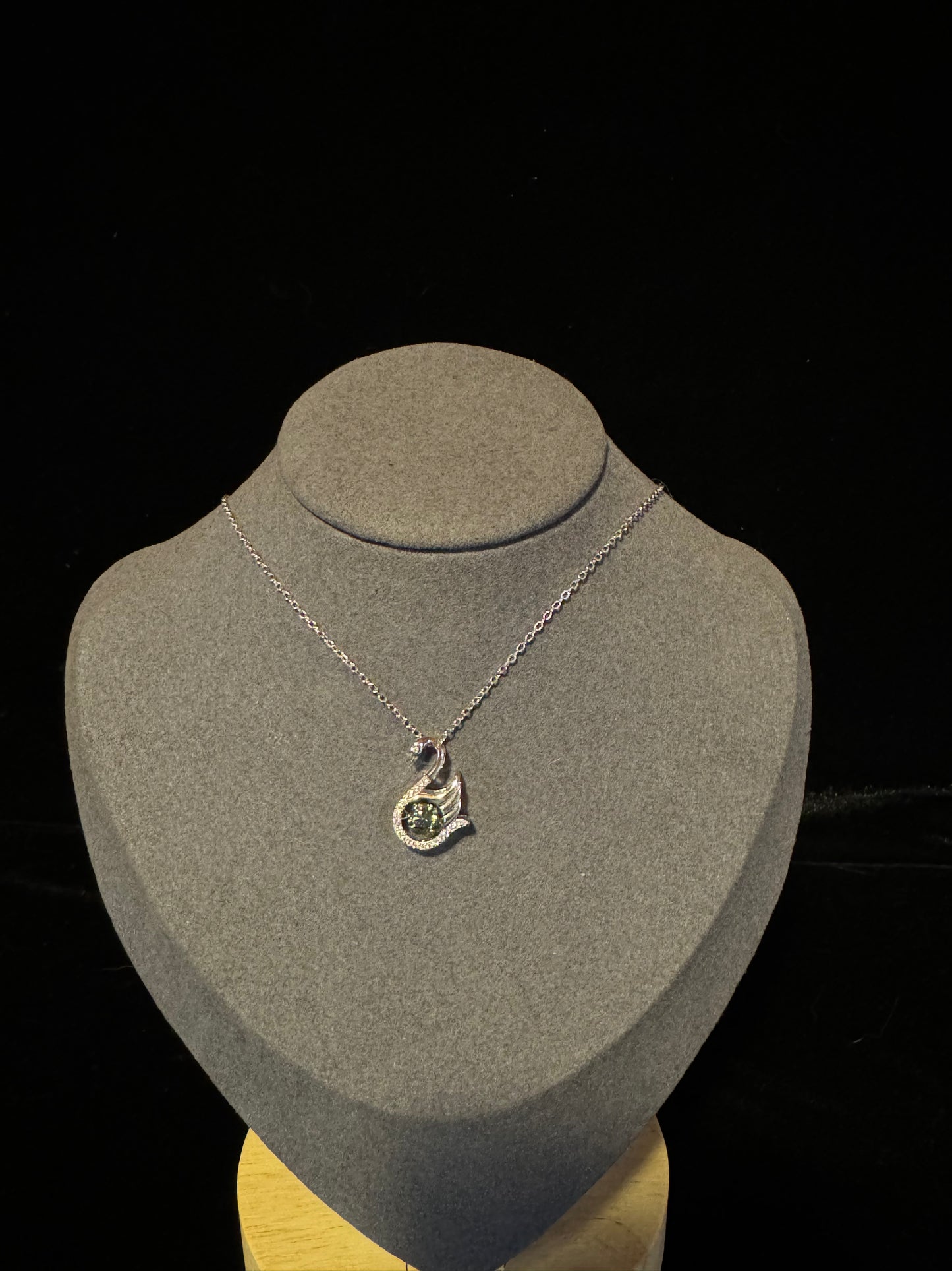 Elegant Swan Designed Pendant with Green/Gold Moissanite Diamond, Sterling Silver