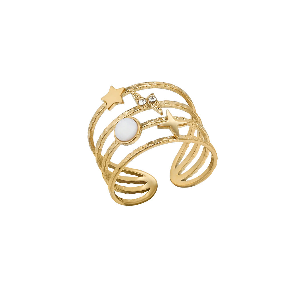 Gold Stars & Moon Ring, Stainless Steel 18K Gold Plating