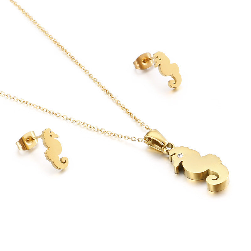 Gold Seahorse Earring & Pendant Set, Titanium Steel 18K Gold Plating