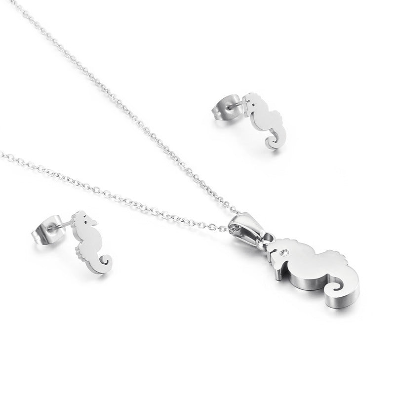 Silver Seahorse Earring & Pendant Set, Titanium Steel